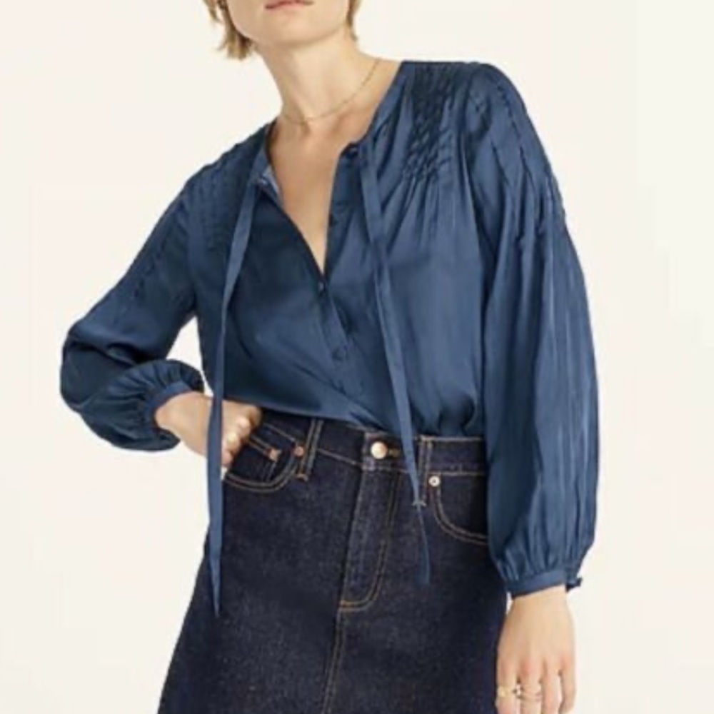 J crew featherweight tie neck satin top blue